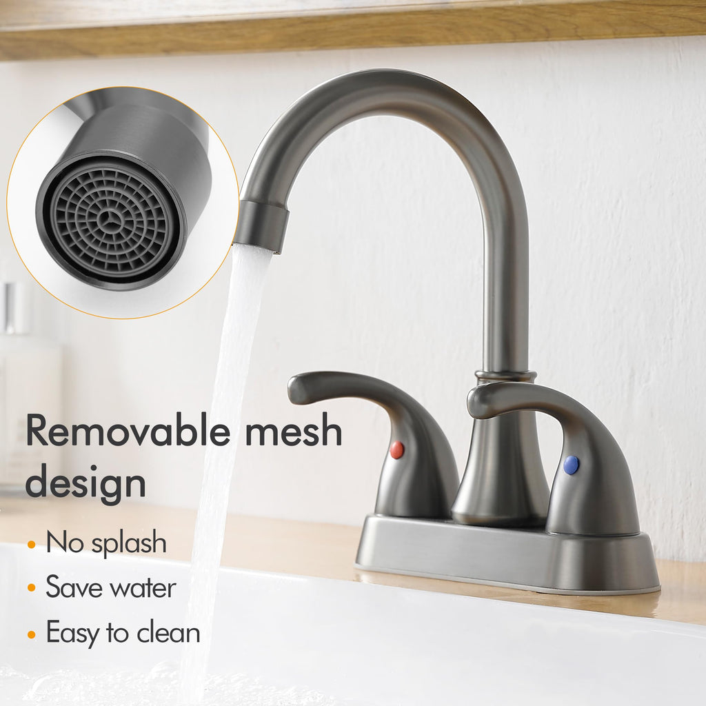 Bathroom Sink Faucet FRANSITON 4 Inch 2 Handle Lead-Free Brushed Grey Bath Sink Faucet with Pop-up Drain Stopper and Supply Hoses