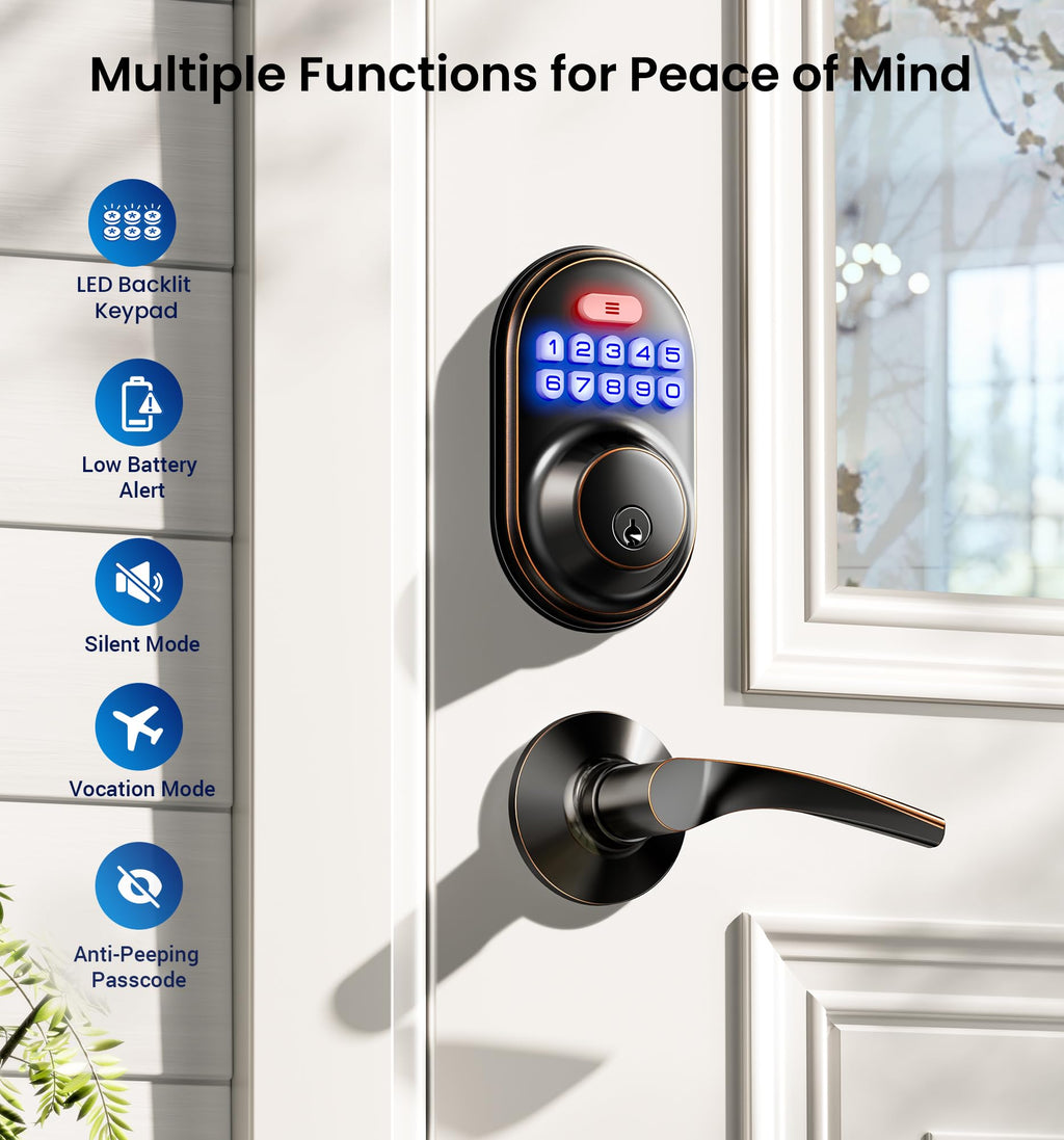 Veise Keyless Entry Door Lock with 2 Lever Handles - Electronic Keypad Deadbolt, Auto Lock, Back Lit & Easy Installation Design, Front Door Handle Sets, Oil Rubbed Bronze