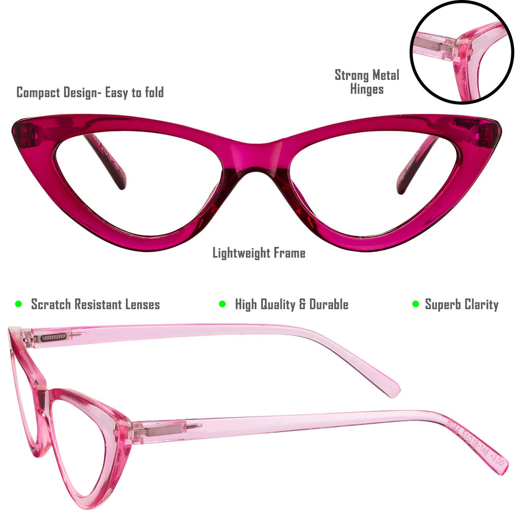 Yogo Vision Reading Glasses Readers for Women Cateye Eyeglasses and Light Spring Hinge Frame Set of 5: Black, Grey, Pink. Hot Pink, Brown Havana 1.75