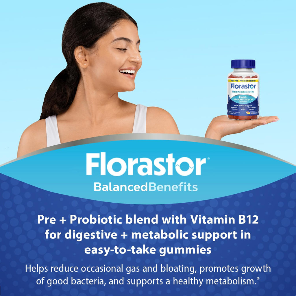 Florastor Prebiotic and Probiotic Gummies, Digestive and Metabolic Support Probiotic Blend for Multi-Action Digestive Health Care, with Vitamin B12, 112 Gummies