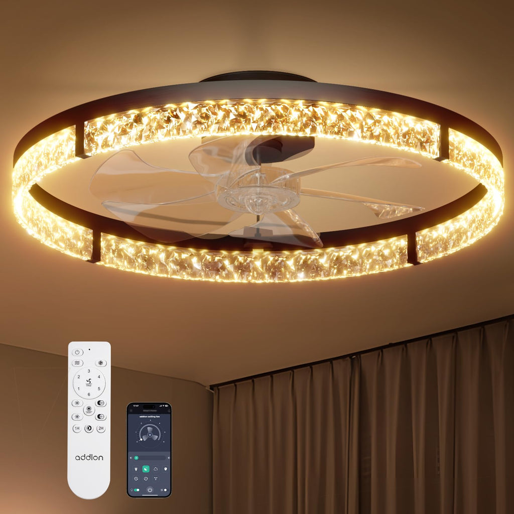 addlon Ceiling Fans with Lights and Remote, 24'' Low Profile Flush Mount Ceiling Fan, 3000–6000K Dimmable LED Fandelier, Bladeless Crystal Fan Light for Bedroom, Kitchen, Living Room, Black