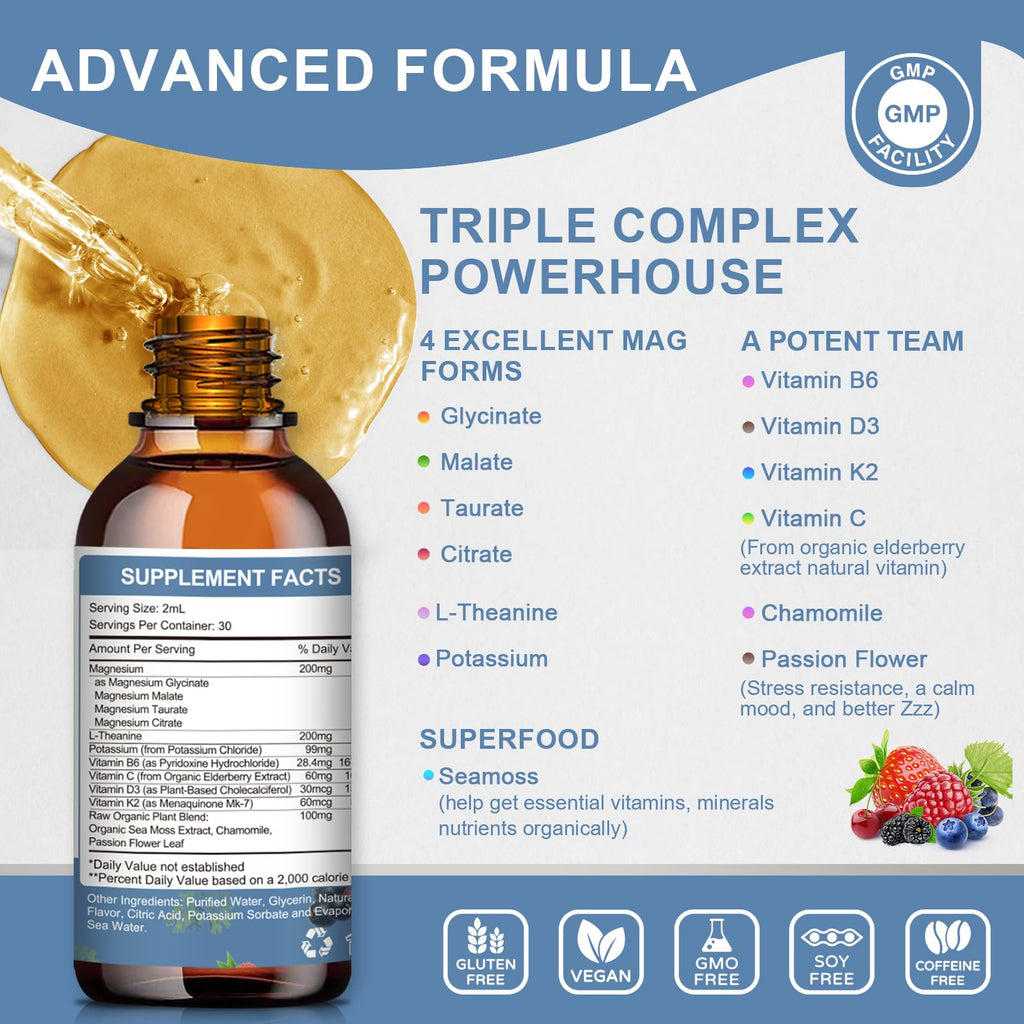 Magnesium Glycinate Liquid Drop - 4 Synergistic Magnesium Complex - Plus Potassium,L-Theanine,Vitamin B,C,D3,K2- Support Sleep, Calm, Heart, Nerves, Muscles - High Absorption - Sugar-Free - 1Pack