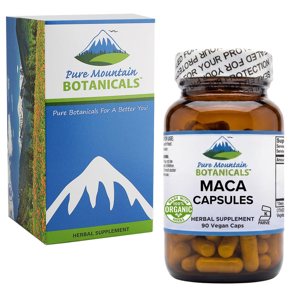 Pure Mountain Botanicals Maca Root Capsules - 1000mg Organic Peruvian Maca - Raw and Gelatinized Blend - 90 Vegan Kosher Caps