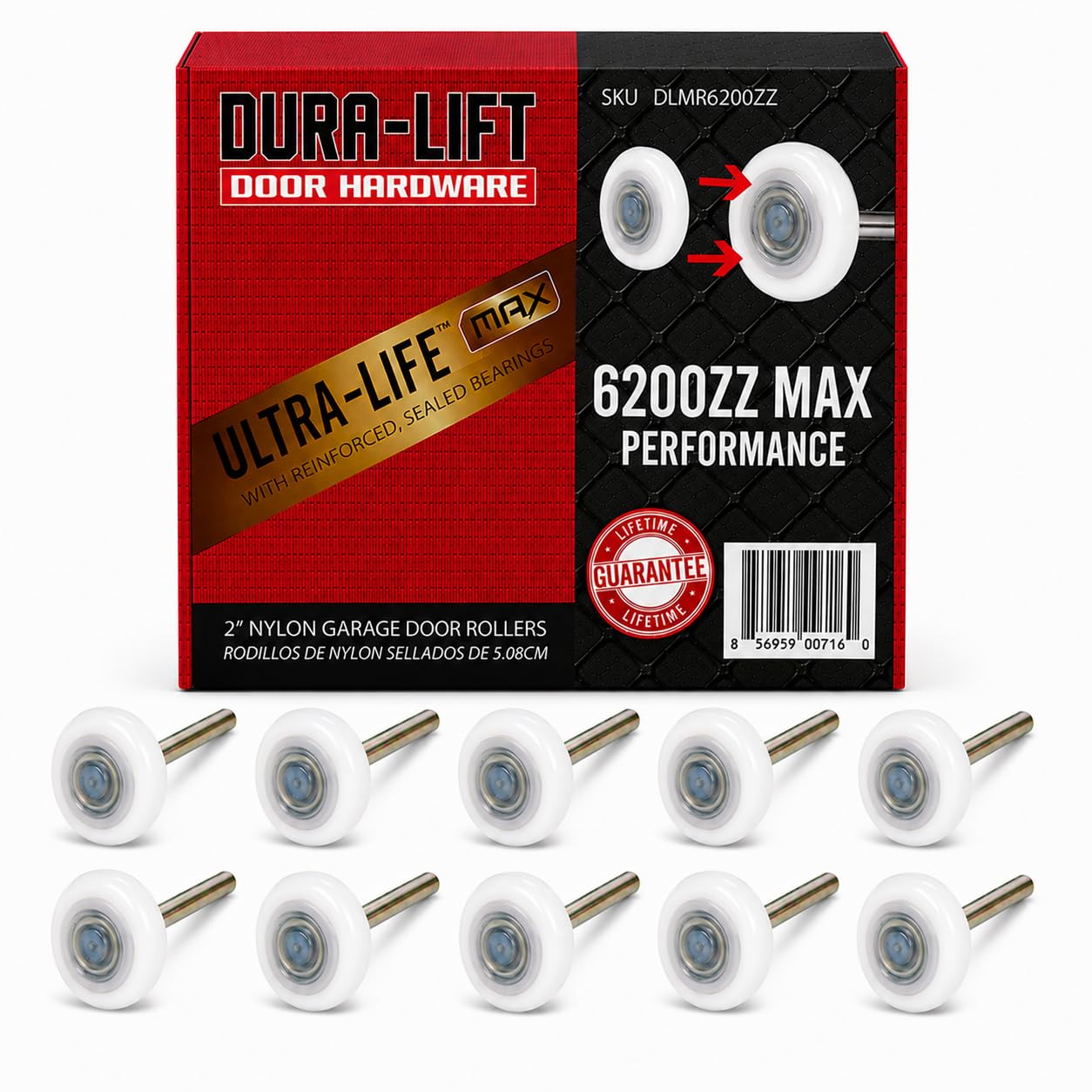 DURA-LIFT Ultra-Life MAX 2" Sealed 6200ZZ Bearing Nylon Garage Door Roller, 4" Stem, Pack of 10