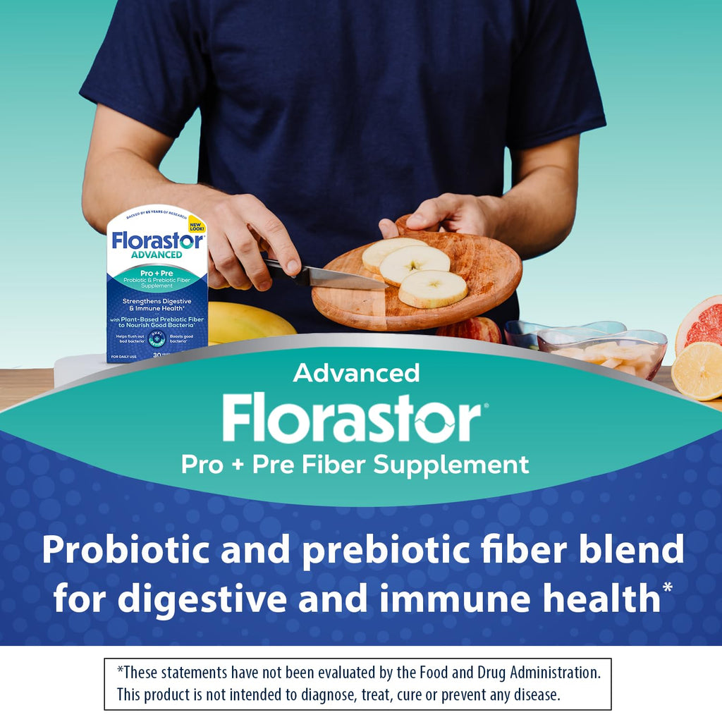 Florastor Advanced Pro+Pre Daily Probiotic and Prebiotic Supplement for Women and Men, Boosts Good Bacteria, Saccharomyces Boulardii CNCM I-745 (30 Capsules) (Pack of 2)