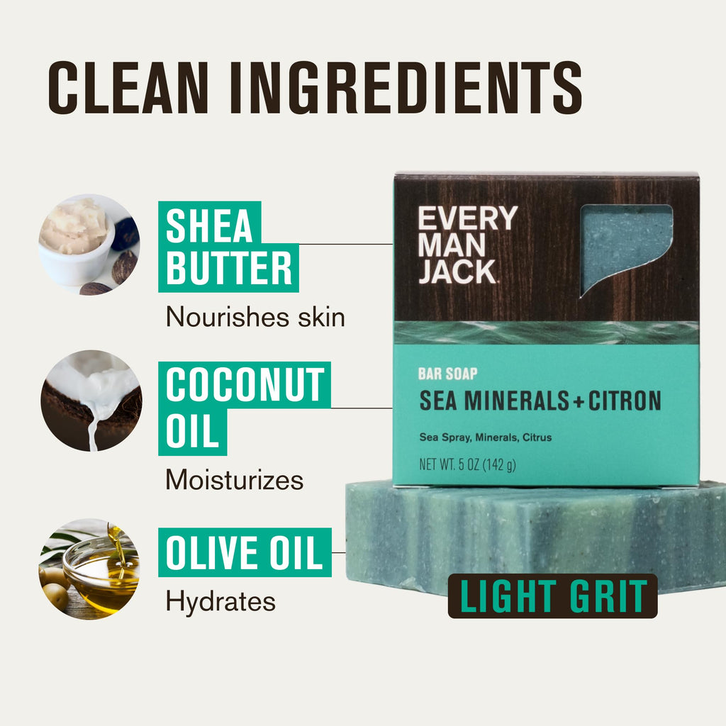 Every Man Jack Cold Processed Mens Bar Soap - Sea Minerals + Citron Scent - Deeply Cleans & Hydrates with Shea Butter and Coconut Oil - (3 Pack)