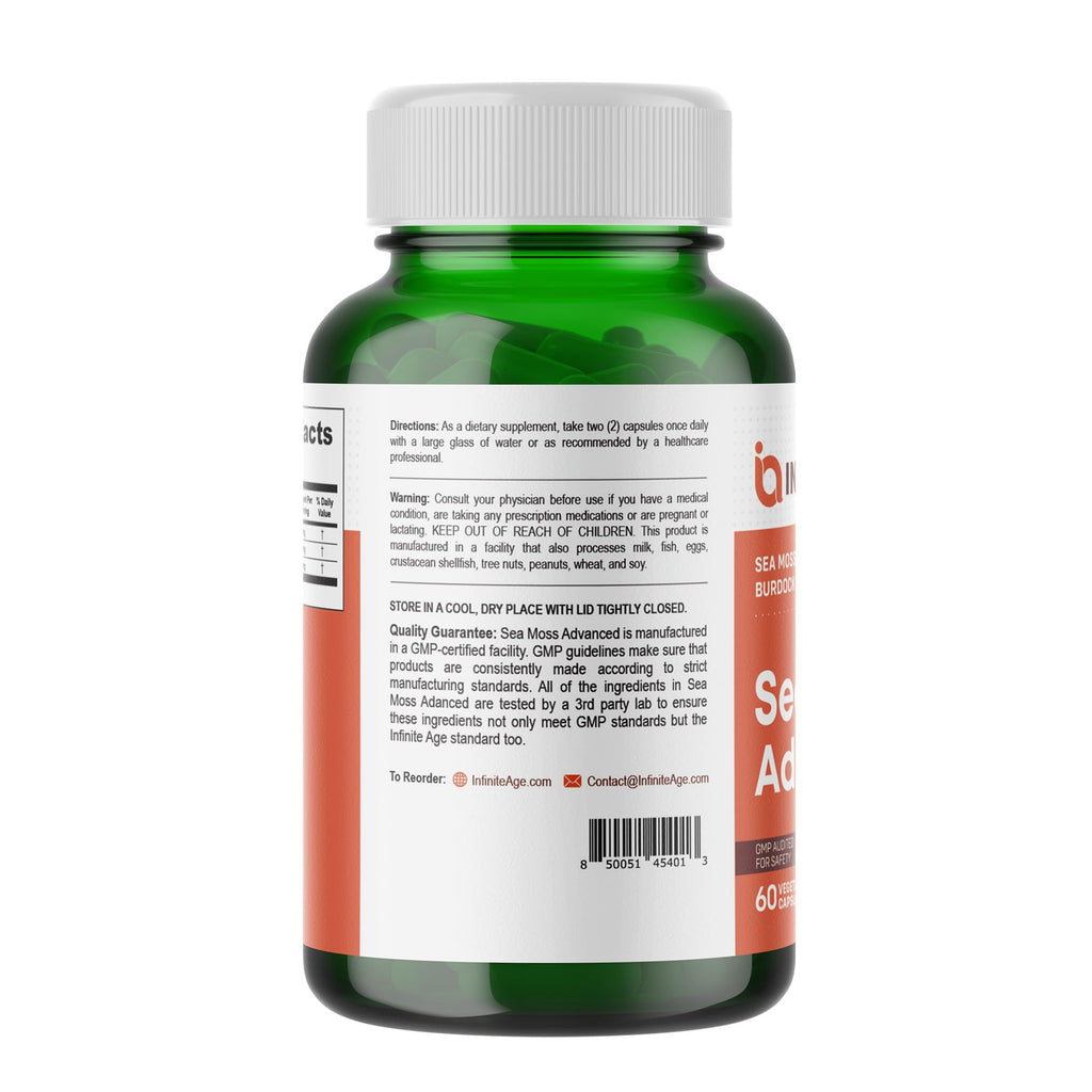 INFINITE AGE 1250mg Sea Moss Advanced Superfood Capsules, 60 Count - High-Potency, Vegan, Made in The USA - Irish Seamoss, Bladderwrack, Burdock Root - Overall Health, Immunity Support