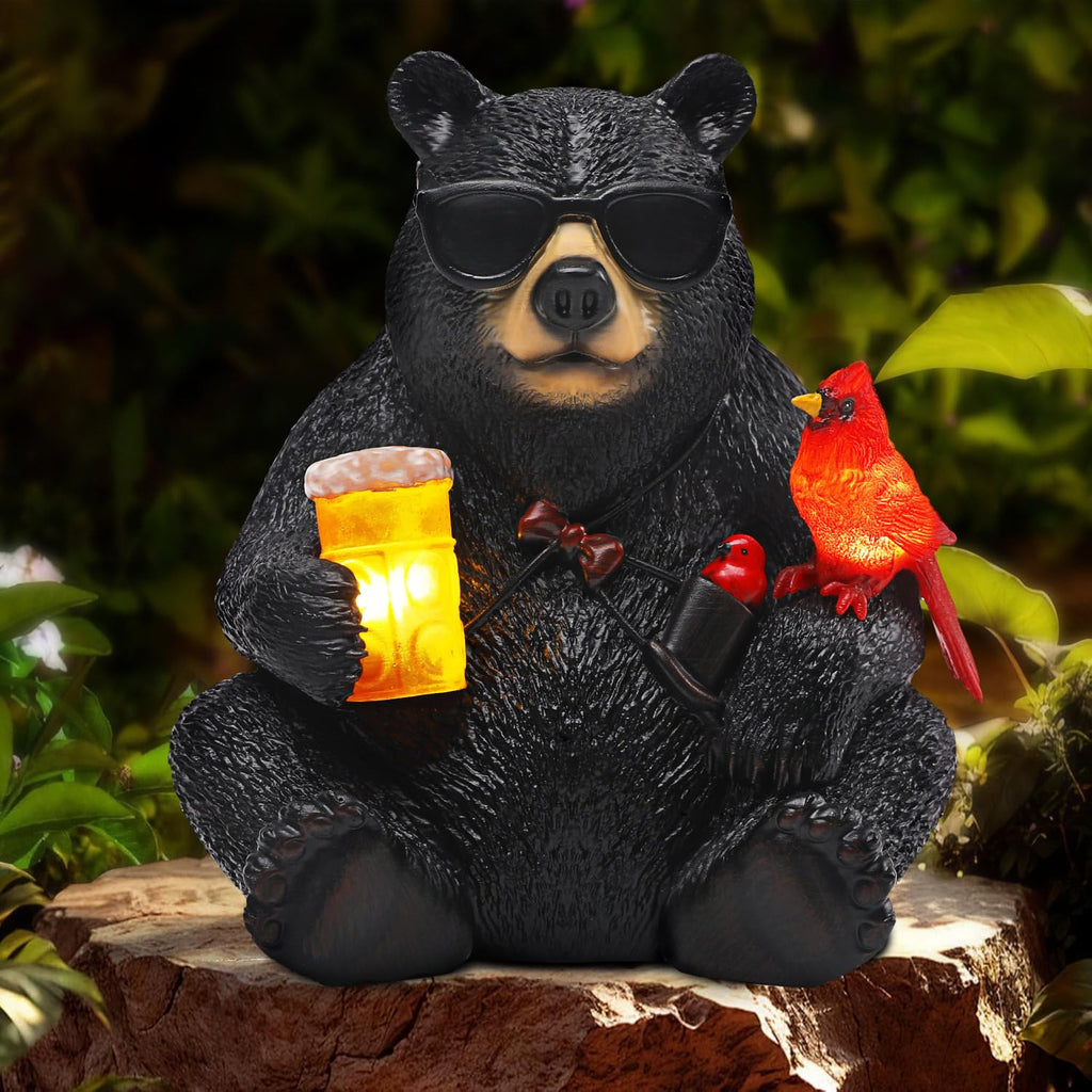 YHSOLAR Solar Black Bear Statue for Garden with Beer and Cardinals