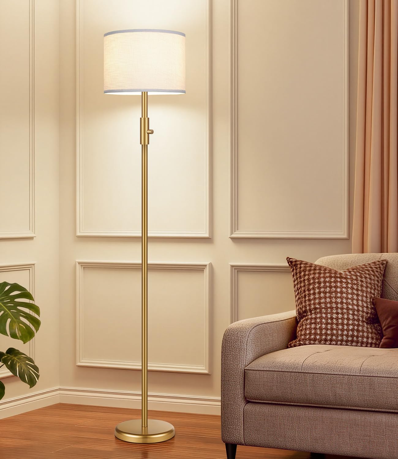 Yemela 【Upgraded】 Dimmable Gold Floor Lamps for Living Room, 9W LED Bulb Included, Modern Standing Lamp with White Lamp Shade, Tall Pole Light for Bedroom Reading Office Corner Nursery