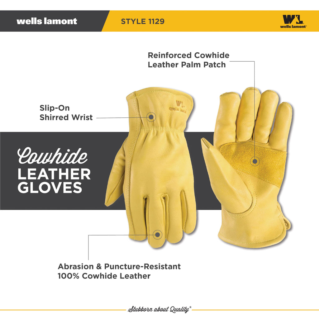 Wells Lamont Leather Work Gloves for Men – Grain Cowhide, Reinforced Palm – Ideal for Construction, Farming, Ranching – Ergonomic Fit, Keystone Thumb, Elasticized Wrist – Saddletan, Large (1129L)