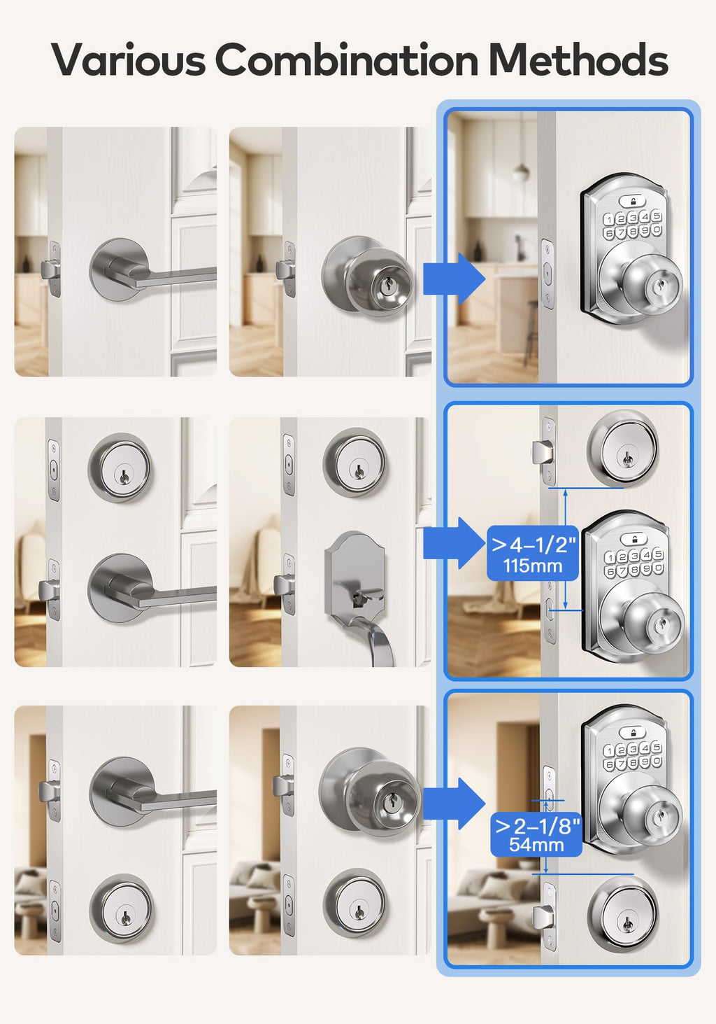TEEHO TE003 Keyless Entry Keypad Door Lock with Handle, Electronic Digital Smart Locks for Front Door, Smart Door Knob with Code for Bedroom, Auto Lock, Passage Mode, Easy to Install, Satin Nickel