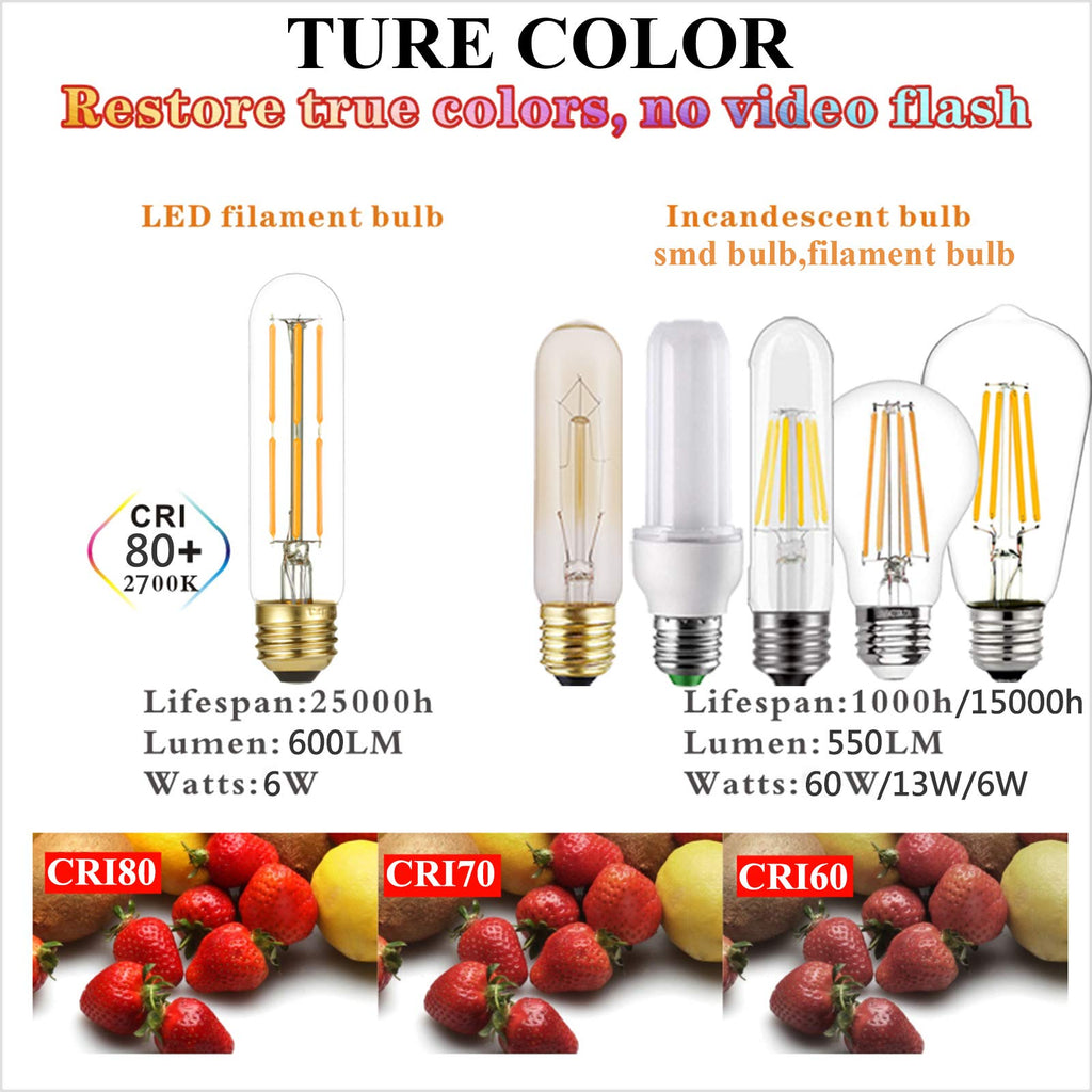 LiteHistory Dimmable E26 Edison Bulb 6W Equal 60 watt Light Bulb AC120V Warm White 2700K Edison Light Bulbs 60 Watt 600LM Tubular T10 led Bulb for Rustic Pendant,Chandeliers,Wall sconces,Vanity 6Pack
