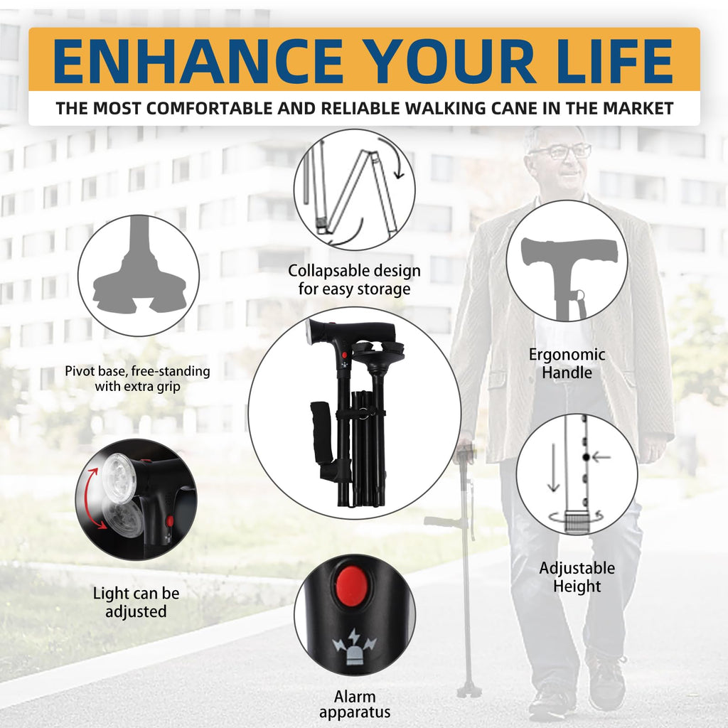 Cane Hero Walking Cane, Ready Walker Cane with Light and Alarm, Smart Walking Cane for Women, Adjustable Suitable for Arthritis Disabled and Elderly, with Cushioned T Handle and Swivel Four Pedestal
