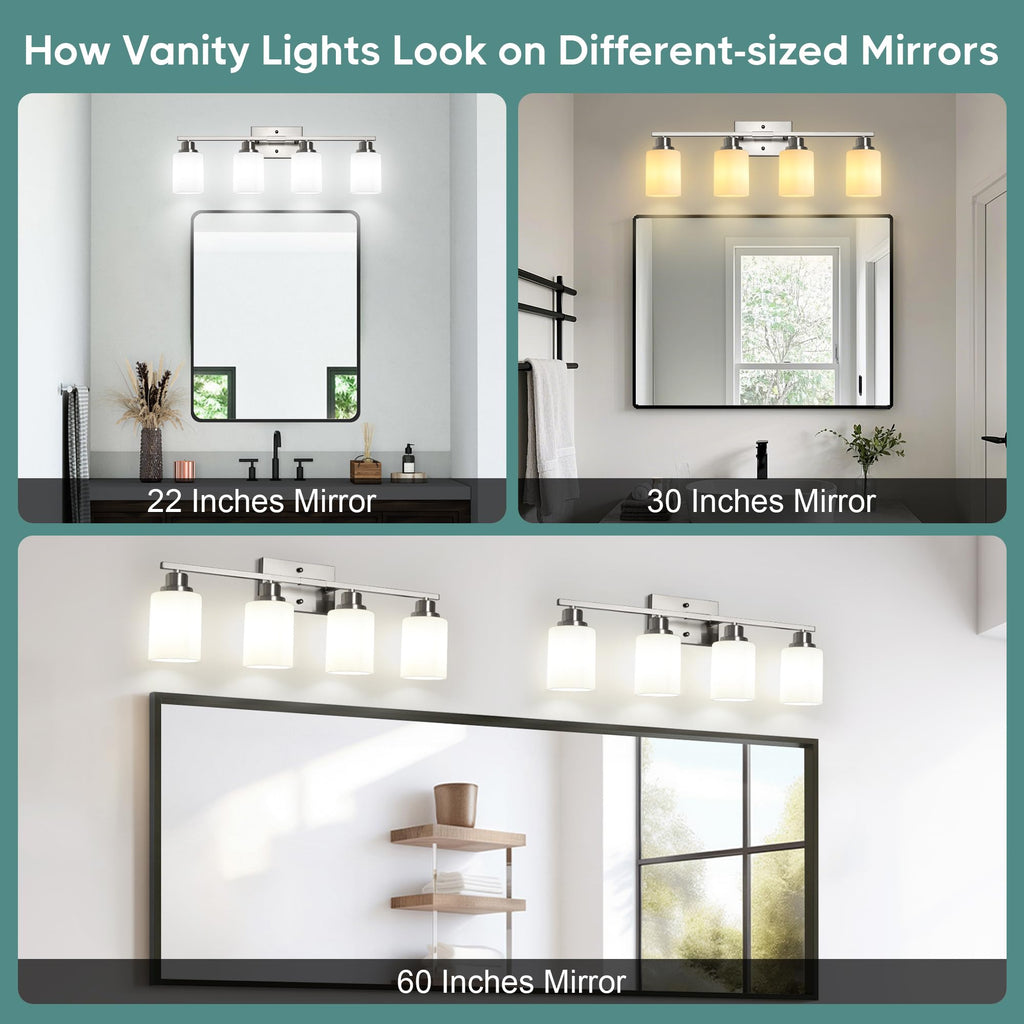 Ascher Bathroom Light Fixtures, 4-Light Vanity Light Over Mirror, Brushed Nickel Wall Sconces with Milky White Frosted Glass Shades, Wall Lamp for Living Room Bedroom, E26 Base(Bulbs Not Included)