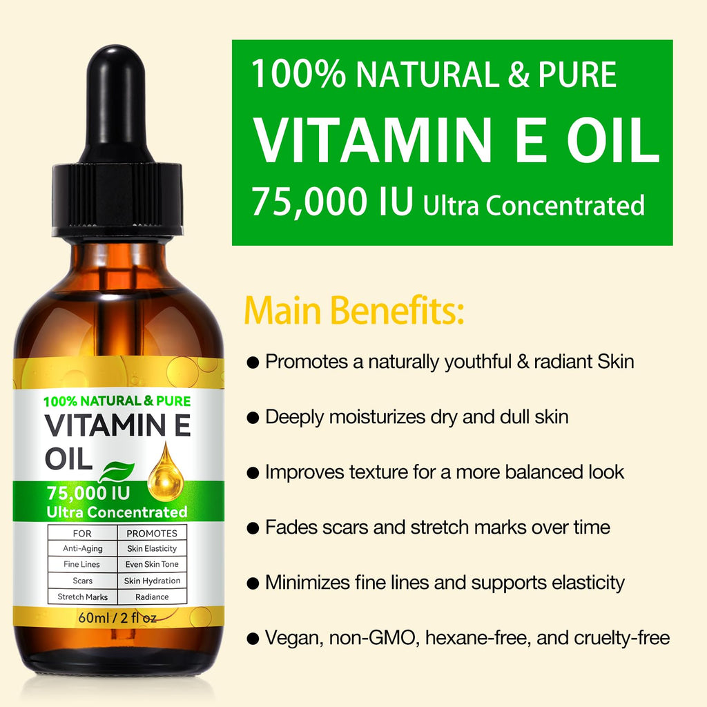 2 Pack Vitamin E Oil, 75,000 IU Organic Pure Vitamin E Oil for Tightening Plump Skin, Reduce Fine Lines & Scars, Moisturizing Skin, Face & Full Body