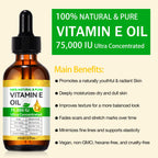 2 Pack Vitamin E Oil, 75,000 IU Organic Pure Vitamin E Oil for Tightening Plump Skin, Reduce Fine Lines & Scars, Moisturizing Skin, Face & Full Body