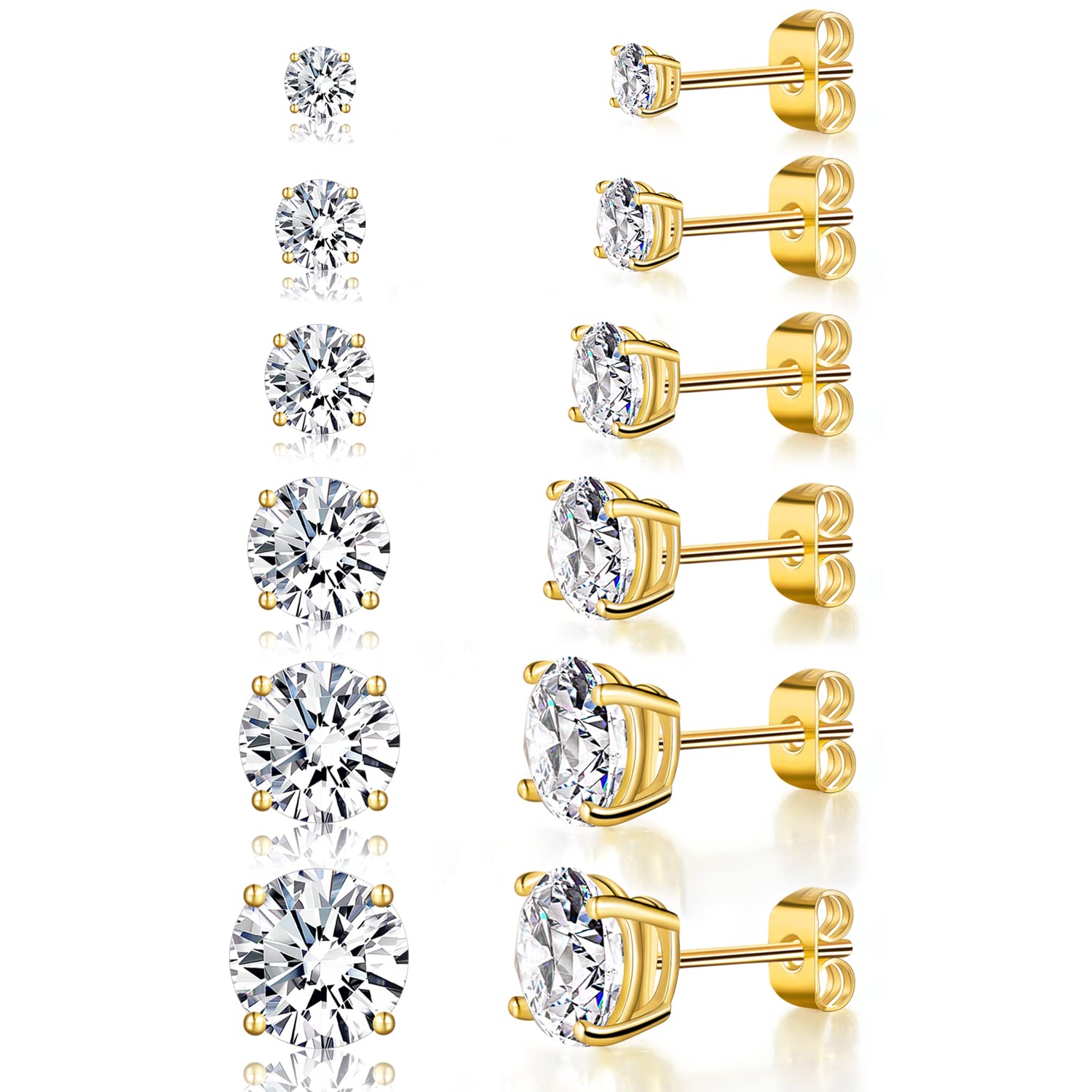 Gemsme 6 Pairs Cubic Zirconia Stud Earrings for Women/Men - Round Cut 4 Prong Settings 18K Gold Plated Hypoallergenic 3-8mm Clear Earrings Set - Gold