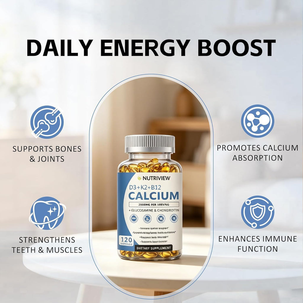 NutriView Calcium 2000mg with D3 & K2, High Absorption, Non-GMO, 120 Softgels