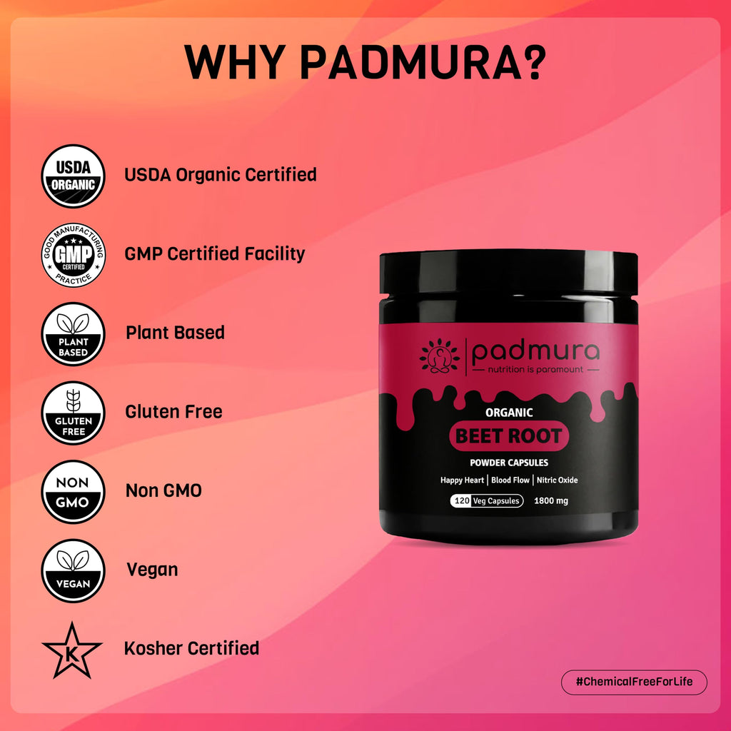PADMURA Organic Beet Root Powder Capsules 1800mg - Healthy Blood Pressure & Happy Heart | USDA Organic Certified | Non GMO | Gluten Free | Vegan - 120 Veg Capsules