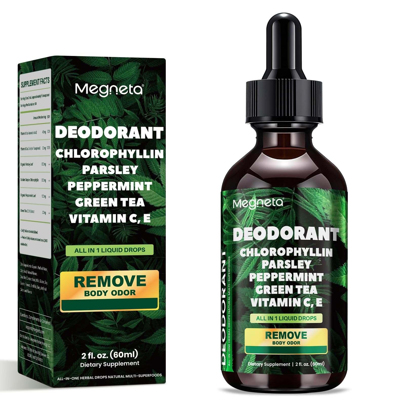 MEGNETA Liquid Chlorophyll Drops with Parsley, Peppermint & Green Tea – Natural Body Freshness & Inner Cleanse Support – 2 fl oz