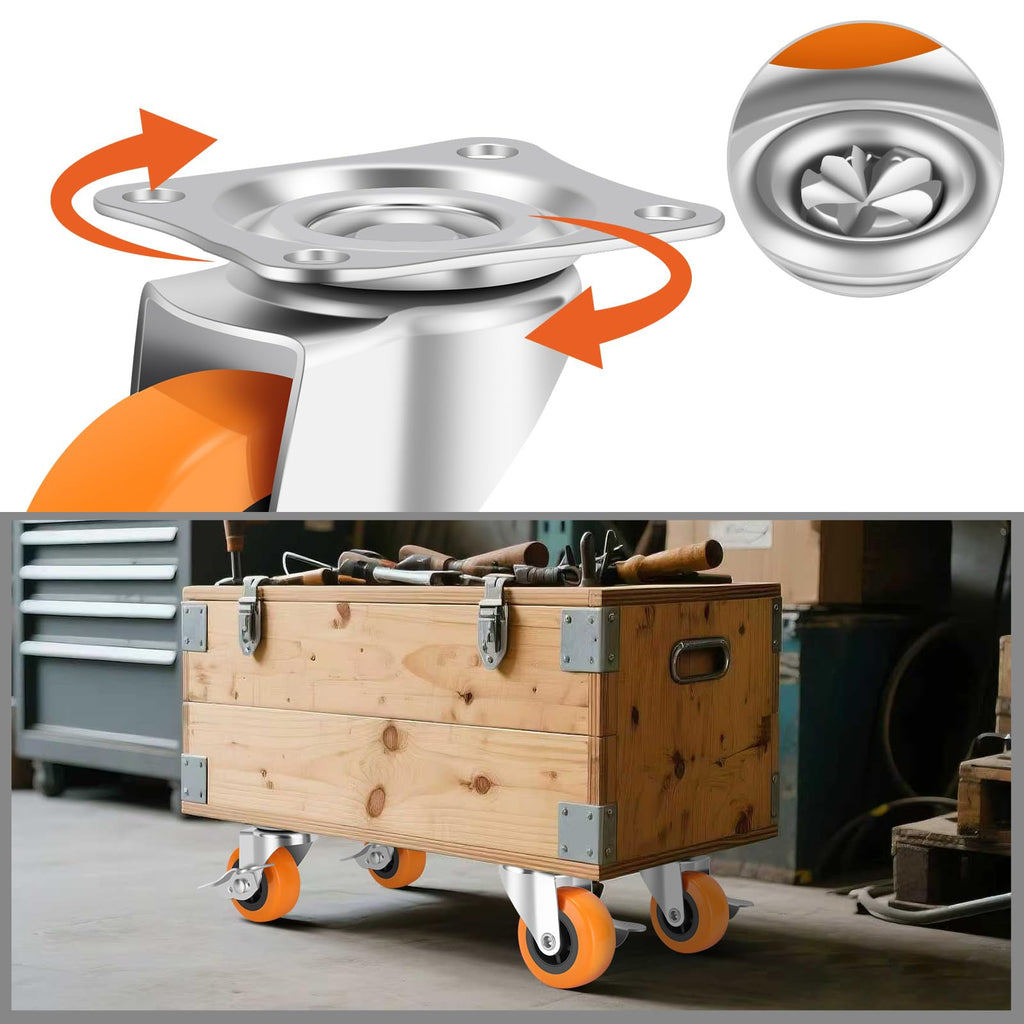 2 Inch Caster Wheels, Casters Set of 16,Heavy Duty Caster with Brake,Top Plate Swivel Wheels Industrial Castors Polyurethane Wheel, Locking Castor for Furniture Carts and Workbench