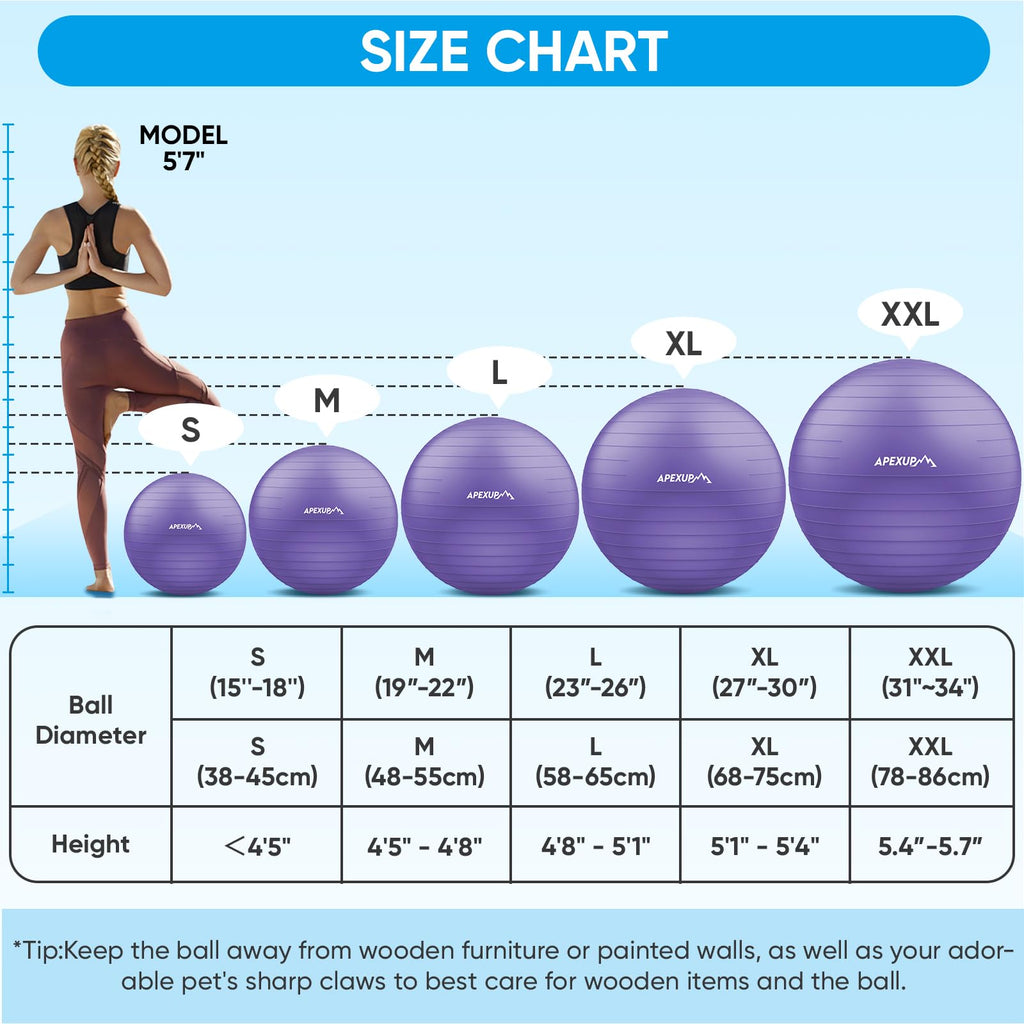 APEXUP Yoga Ball Exercise Ball, Anti Slip Stability Ball Chair, Heavy Duty Large Gym Ball for Fitness, Balance, Core Workout and Physical Therapy (S (15"~18") 45cm, Purple)