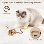 Migipaws Interactive MigiMouse Cat Toy 360° Rolling & Spin with Mesh Plastic Tail for Indoor Cats Smart Motion Sensor, Realistic Squeak, Rechargeable Plush Kitten Toy(Brown Long)