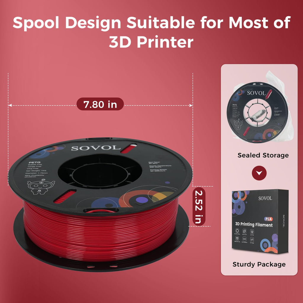 Sovol 3D Printer PETG Filament 1.75mm 1KG (2.2lbs), High Precision, Strong Toughness, Wiring Tightness, Dimensional Accuracy +/- 0.03 mm, 3D Printing PETG Filaments, Red