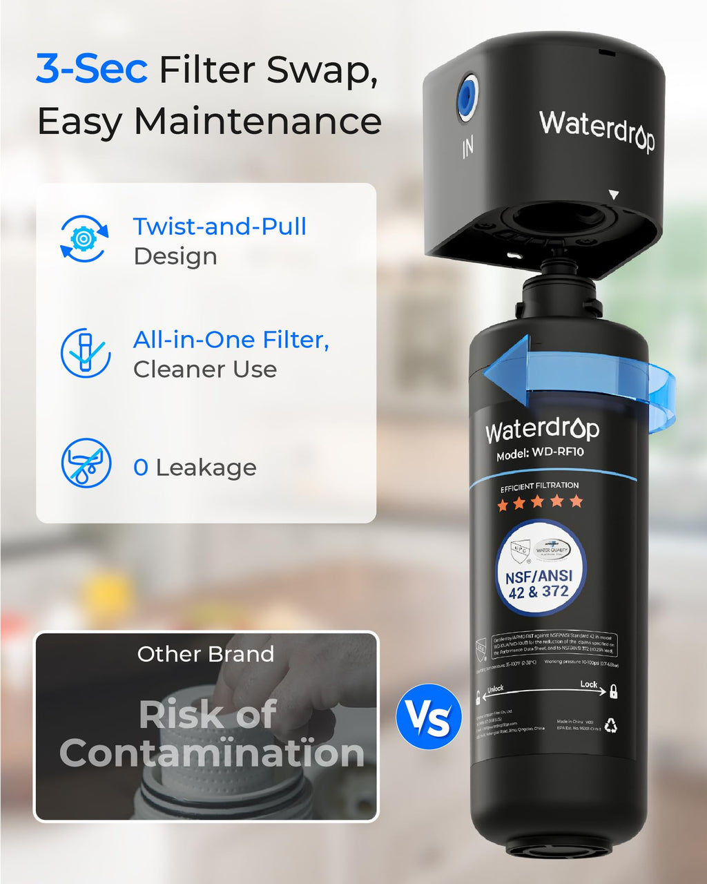 Waterdrop 10UA Under Sink Water Filter System, Reduces PFAS, PFOA/PFOS, Lead, Chlorine, Bad Taste & Odor, Under Counter Water Filter Connects Directly to Your Faucet, NSF/ANSI 42 Certified, 1 Year