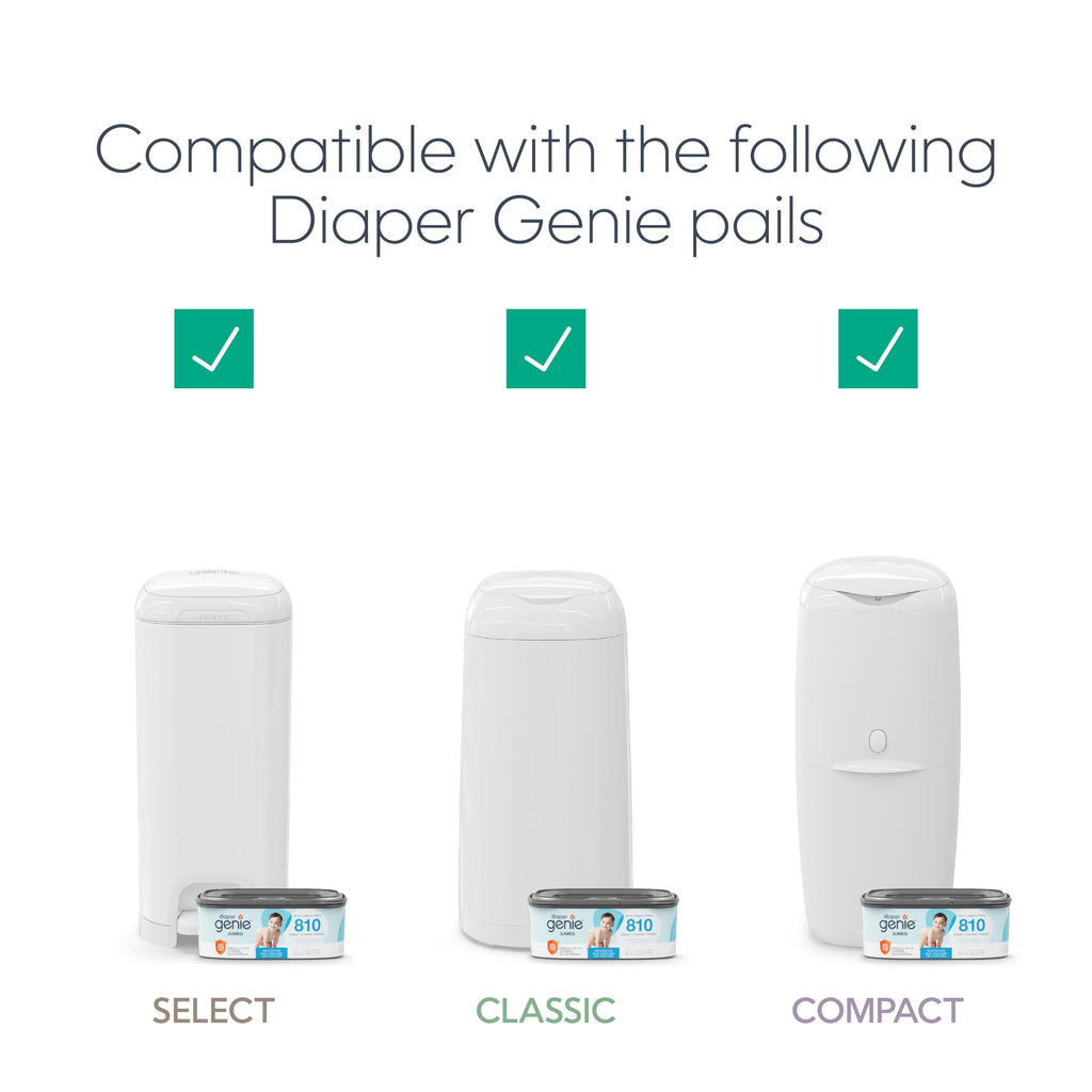 The Diaper Genie Jumbo+ Square Refill, with continuous film, can hold up to 1080 newborn-sized diapers per refill.