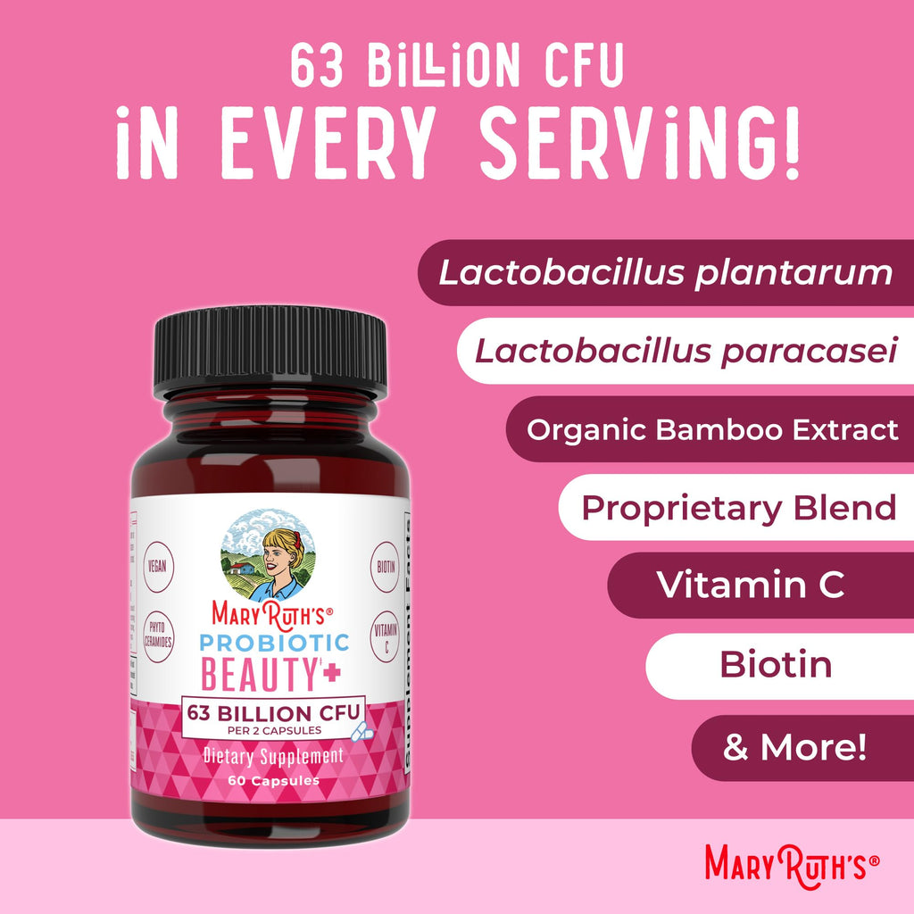 MaryRuth Organics Probiotic Beauty Capsules | Vegan Collagen Support | Anti Aging | Gut Health | Hair Skin and Nails Vitamins | Skin Care | Biotin | Non-GMO Project Verified | 60 Count
