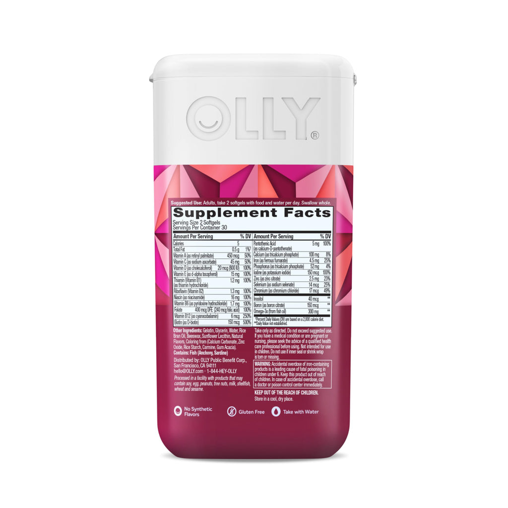OLLY Ultra Women's Multi Softgels,Overall Health and Immune Support,Omega-3s,Iron,Vitamins A,D,C,E,B12,Daily Multivitamin,30 Day Supply -,60 Count (Pack of 2)