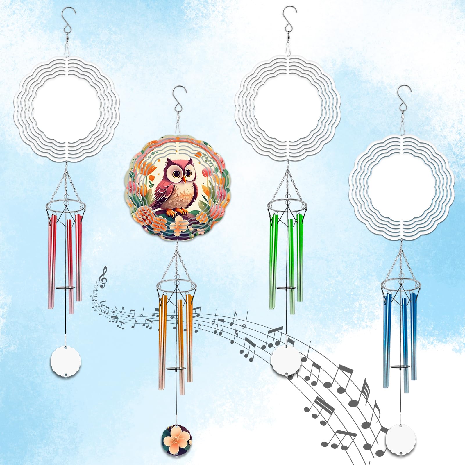 4 Packs Sublimation Wind Chime Wind Spinner Blanks Set 3D Aluminum Metal Wind Sculpture Kinetic Spinners Chimes for Yard and Garden Indoor Hanging Decoration (Classics)
