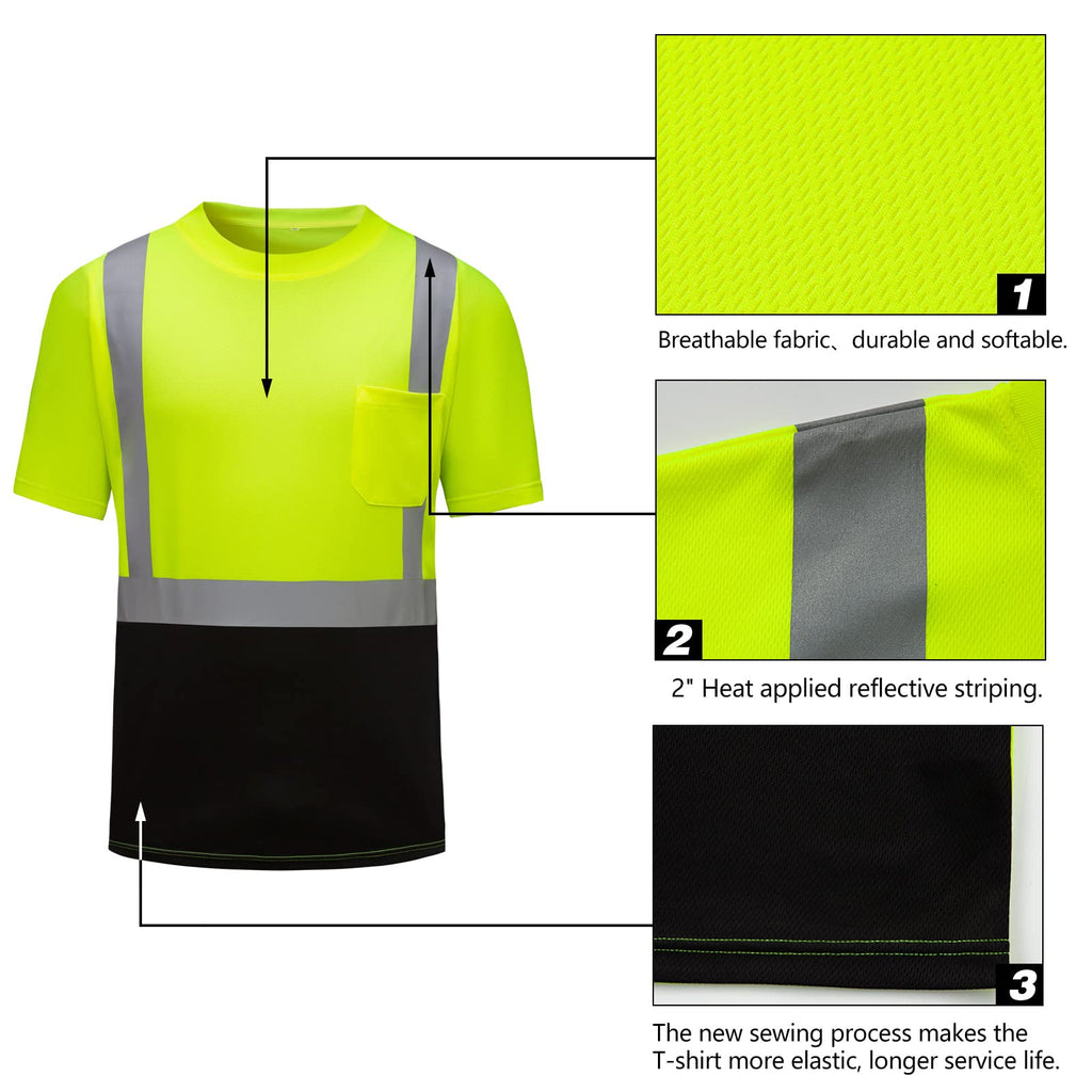 DPSAFETY Hi Vis Safety Shirts，High Visibility T Shirts with Reflective Strips and Pocket, Quick Dry Mesh Construction Work Shirt for Men/Women Black Bottom Lime 3pk 2XL