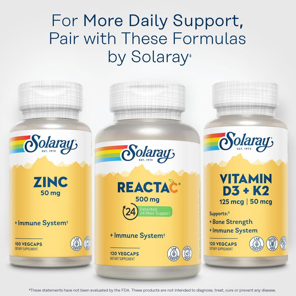 SOLARAY Reacta-C with 500mg Vitamin C, 200mg Bioflavonoid Concentrate, Immune System Defense Vitamins, Patented 24 Hour Immunity Booster Support Supplement, Vegan, 120 Capsules, 120 Servings.