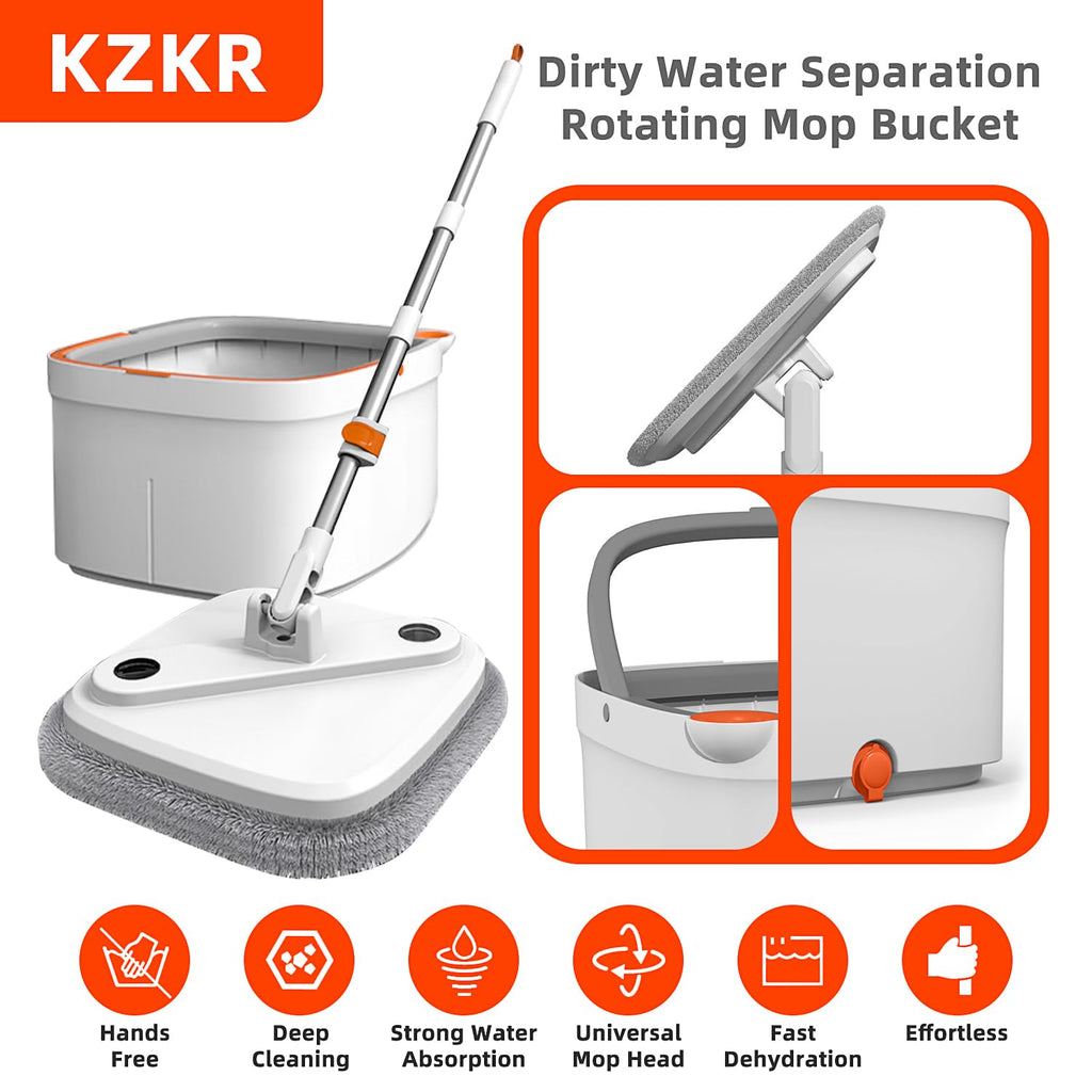 KZKR Spin Square mop and Bucket System with Wringer Set for Home with 2 Mop Pads (Grey,White)