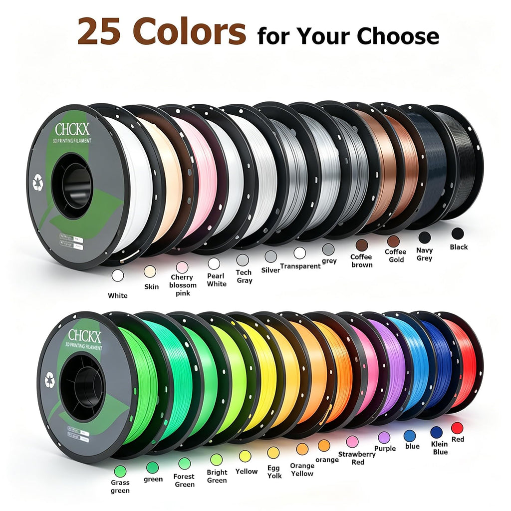 CHCKX PETG 3D Printer Filament Bundle, 10Rolls,Dimensional Accuracy +/- 0.03 mm, 1kg Spool(2.2lbs), 1.75 mm Fit for Most 3D Printers,Black+White+Grey+Red+Green+Blue+Purple+Skin+Silver+Yellow