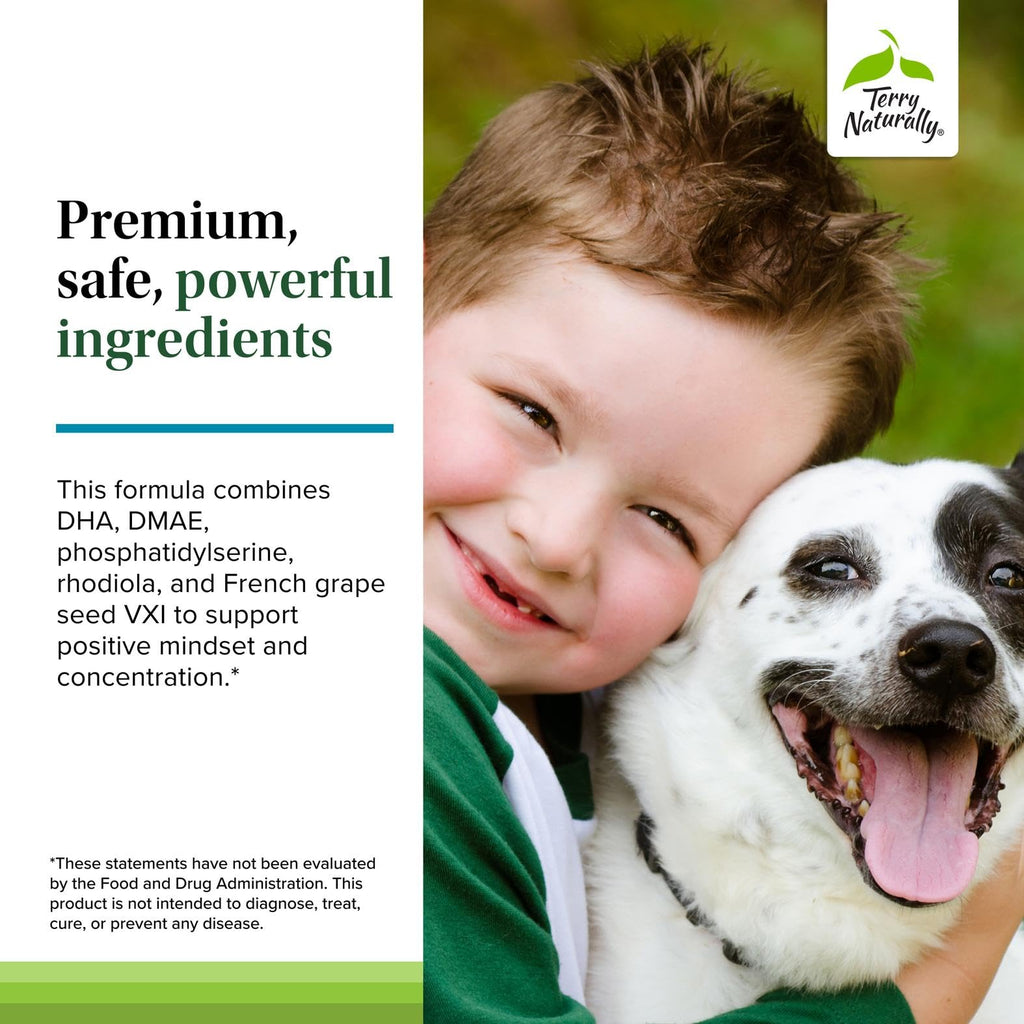 Terry Naturally Calm Kids - Calm Child Supplement - Brain Health for Focus, Memory & Concentration - Attention Supplement for Kids - Support Learning & Concentration - 60 Capsules