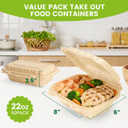 Clamshell Take Out Food Containers, 50 Pack-22oz Disposable Meal Prep Containers Natural Rice Husk Material Durable To Go Containers for Pasta Salad Snacks Taco Chinese Food Restaurants 8"X6"X2.5"
