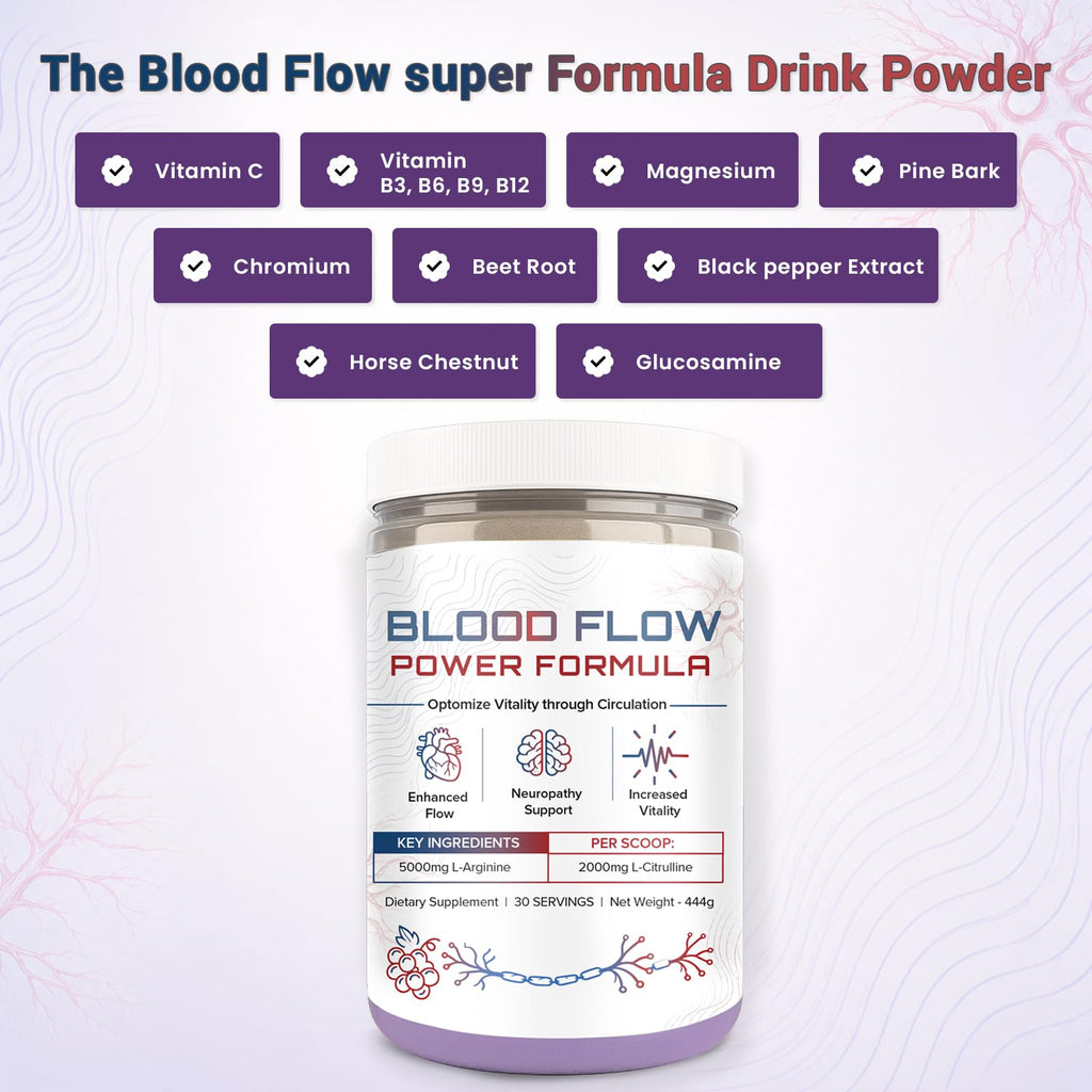 The Blood Flow Power Formula Neuropathy Drink Powder, High Concentration of L ‘Arginine and Citrulline, to Boost Circulation and Support Neurological Health – 444 Grams/30 servings