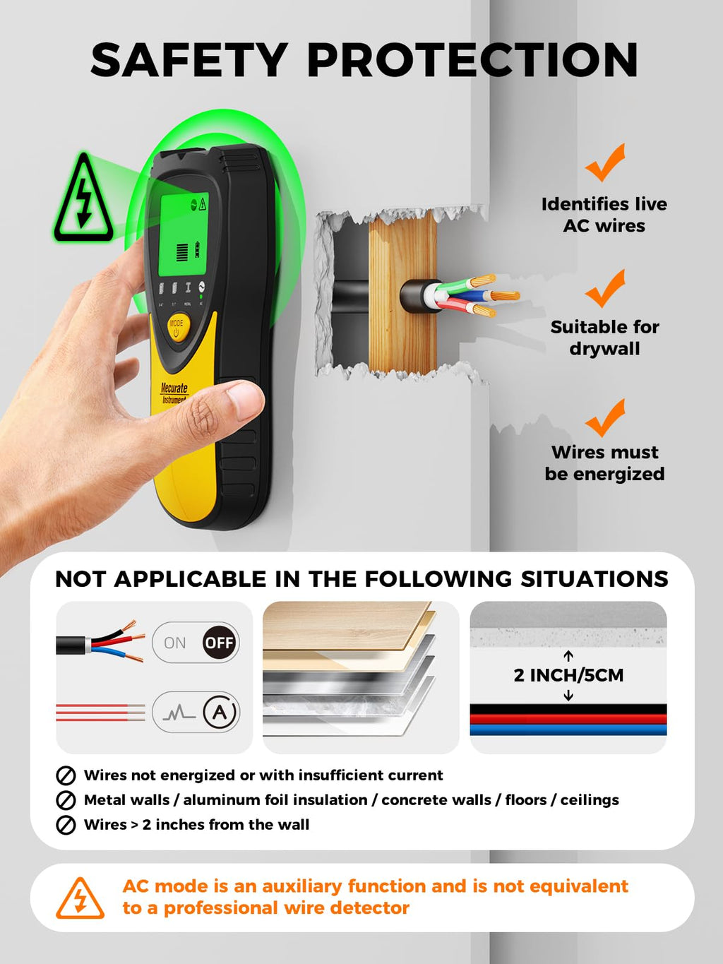 Mecurate 5-in-1 Stud Finder with LCD Display, Wall Scanner for Studs, Metal, AC Wires Detection, Lightweight & Durable, Perfect for Homeowners & DIY Projects (Yellow)