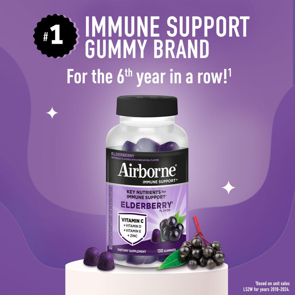 Airborne Elderberry + Zinc & Vitamin C Gummies for Adults,Immune Support with Antioxidants Vitamins C,D & E,Elderberry Flavor,130 Count (Pack of 2)