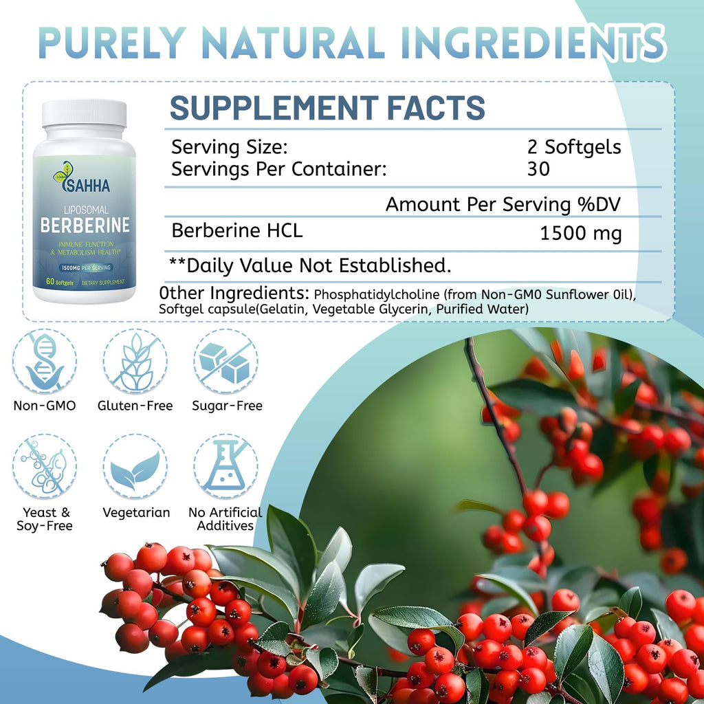 Sahha Liposomal Berberine HCL 1500mg High Bioavailability for Men and Women Overall Health Supplement（2 Pack）