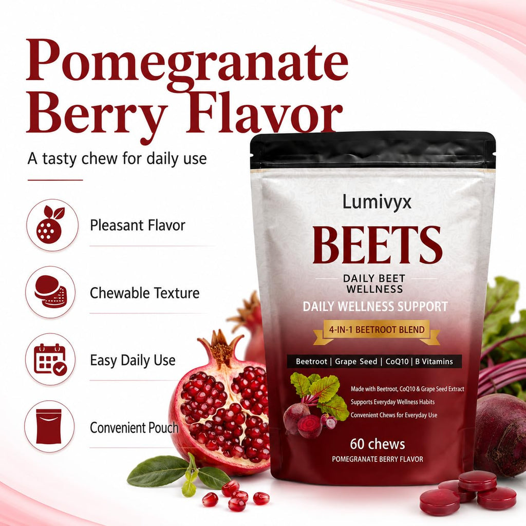 Lumivyx Beet Chews，Beetroot Blend with Beetroot, CoQ10 & Grape Seed Extract, Pomegranate Berry Flavor, 60 Count