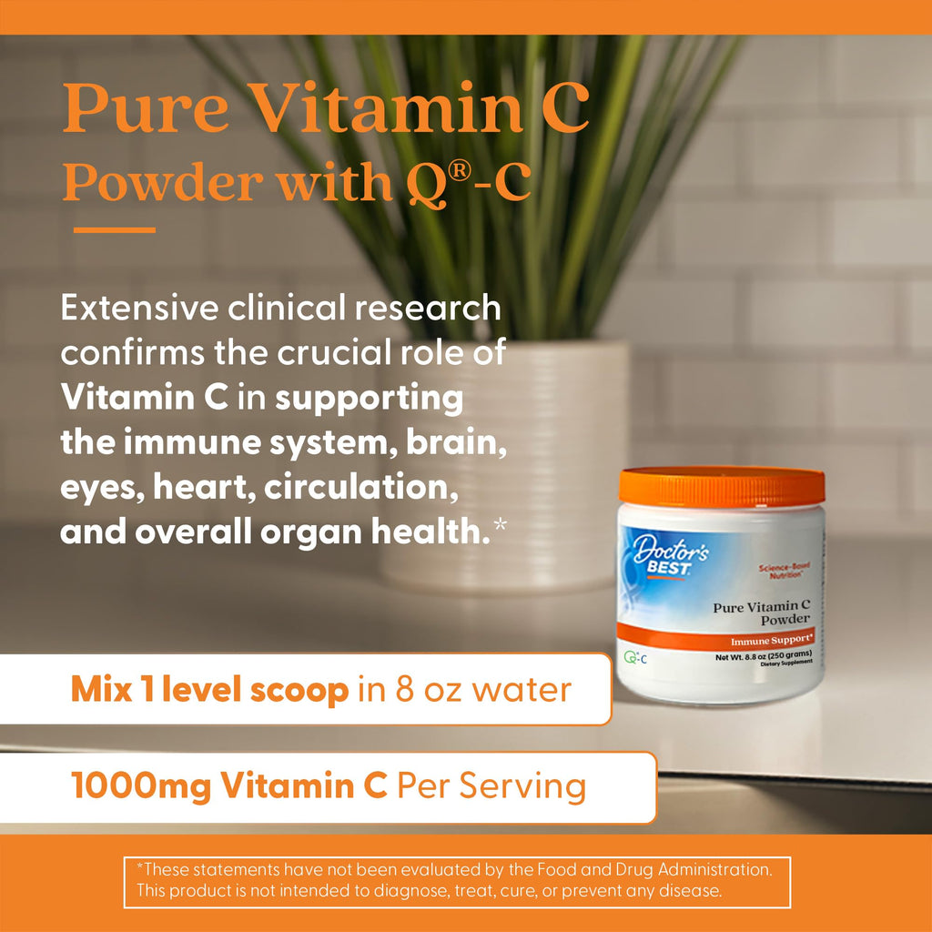 Doctor's Best Vitamin C Powder with Q-C, Healthy Immune System, Brain, Eyes, Heart and Circulation, Joints, Sourced from Scotland, 250G, 8.8 Ounce