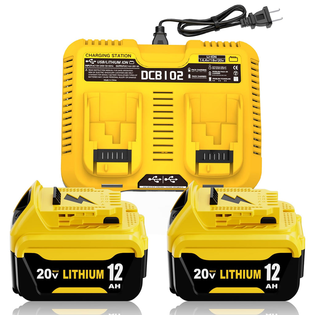 2 Pack 12000mAh Replacement for Dewalt 20V MAX Battery Lithium and DCB102 Charger Combo Compatible with Dewalt 20V Battery Lithium DCB207 DCB206 DCB204 DCB200 DCB201 DCB203 Series Power Tool(Yellow)