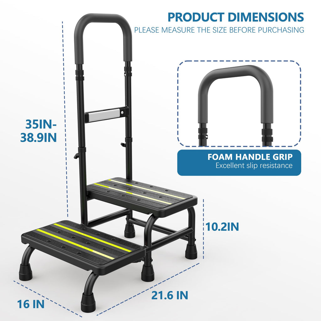 [2025 Upgrade] 2 Step Stool with Handle for Elderly with Sensor Night Light,Medical Heavy Duty Step Stool with Adjustable Handrail, Bedside Steps for People with Mobility Impairments,350lbs