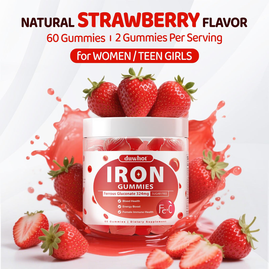 Iron Gummies for Women Teen Girls, Ferrous Gluconate 324 mg with Vitamin C, Iron Supplement Plus Vitamin A, B, Folate, Copper, Zinc, Energy & Blood Support, Immune Health, Sugar Free 60 Gummies