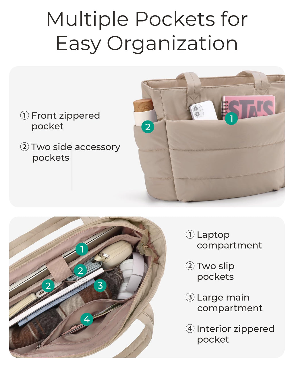 BAGSMART Puffy Tote Bag for Women, Lightweight Work Tote Handbag