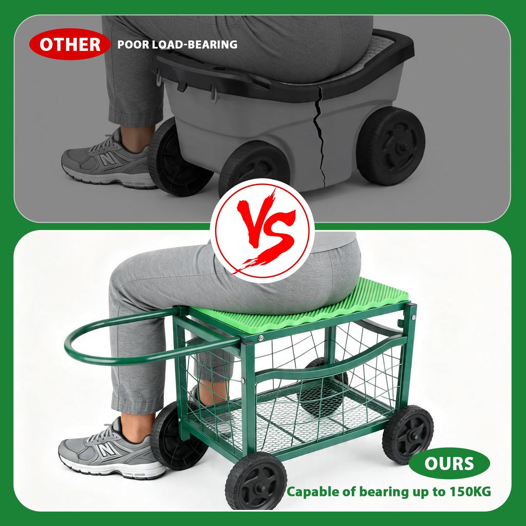 Rolling Garden Workseat with Wheels, Metal Frame Gardenning Stools with Padded Cushion,Hold 150Kgs